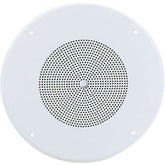 A circular white speaker with perforations on the front for audio projection.